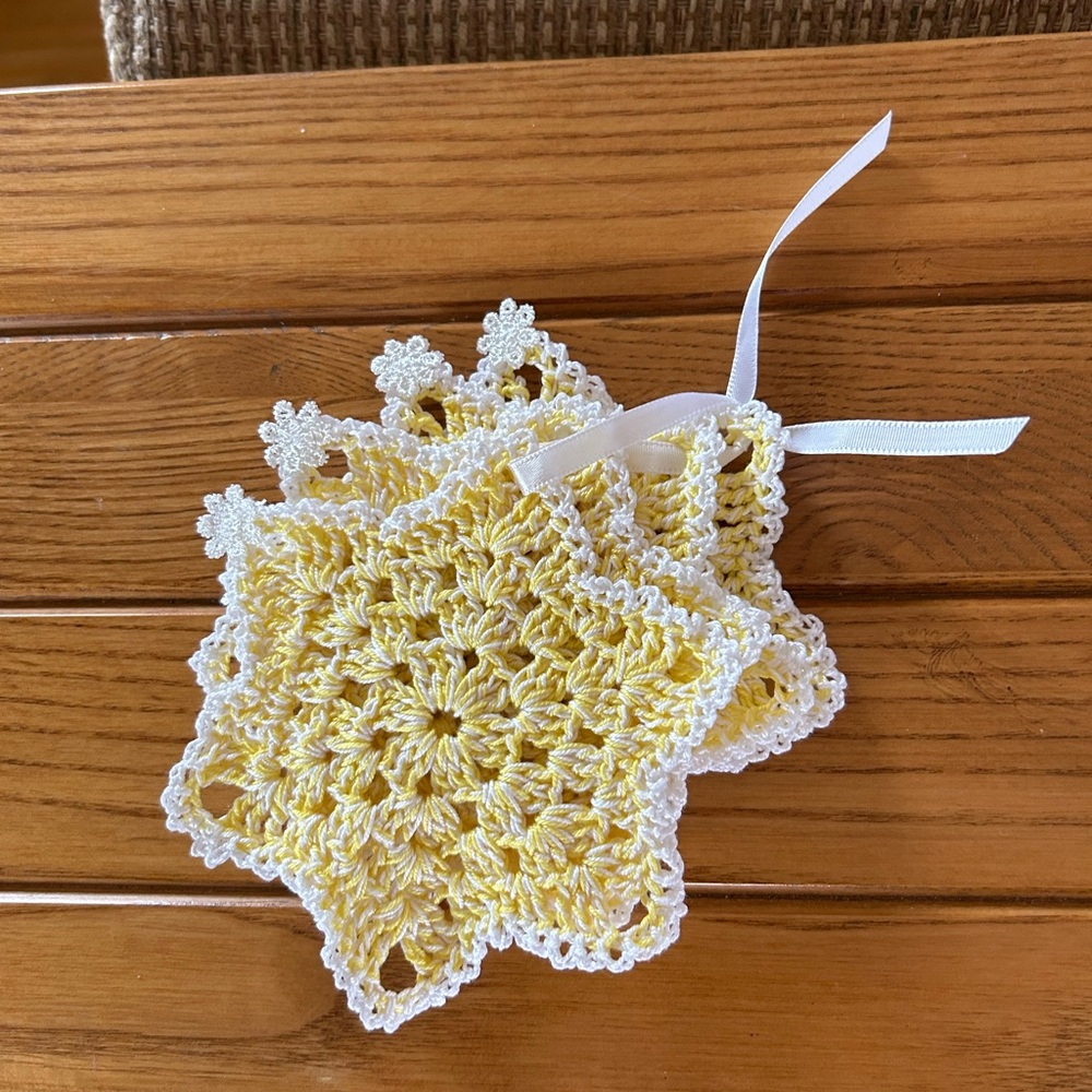 Handmade Yellow and White Crochet Star Coasters. Lemon and lace. 5”. Set of 4